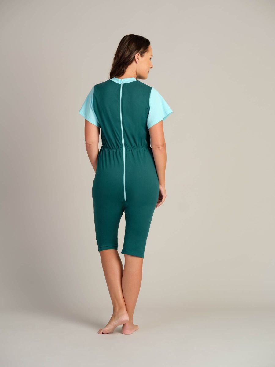 Short sleeved jersey jumpsuit | Prevent self-undressing | Back zipper