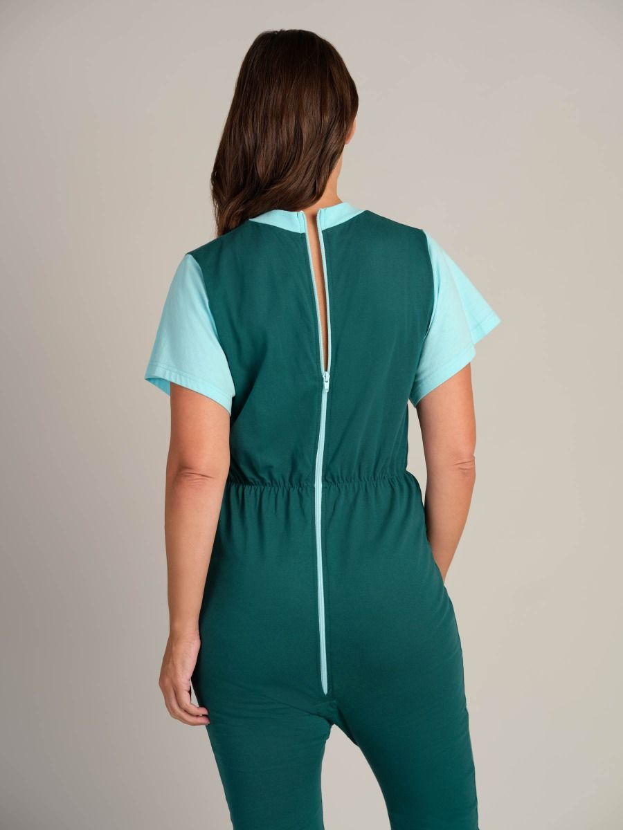 Short sleeved jersey jumpsuit | Prevent self-undressing | Back zipper