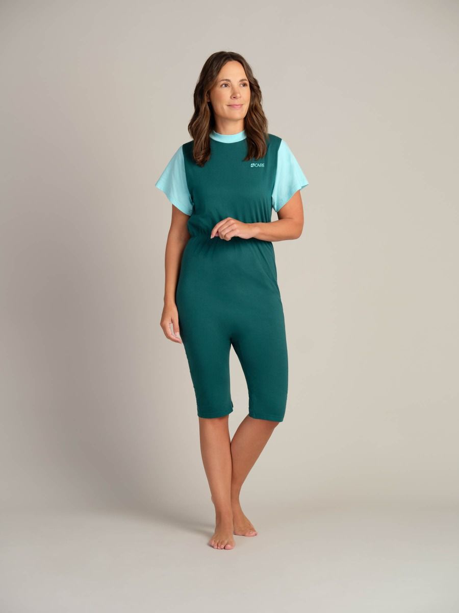 Short sleeved jersey jumpsuit | Prevent self-undressing | Back zipper